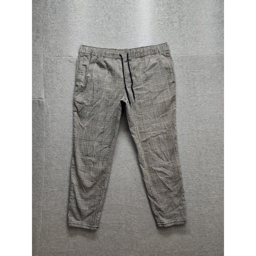 Original Use Men Pant L Gray Plaid Straight Leg Drawstring Waist Jogger Casual